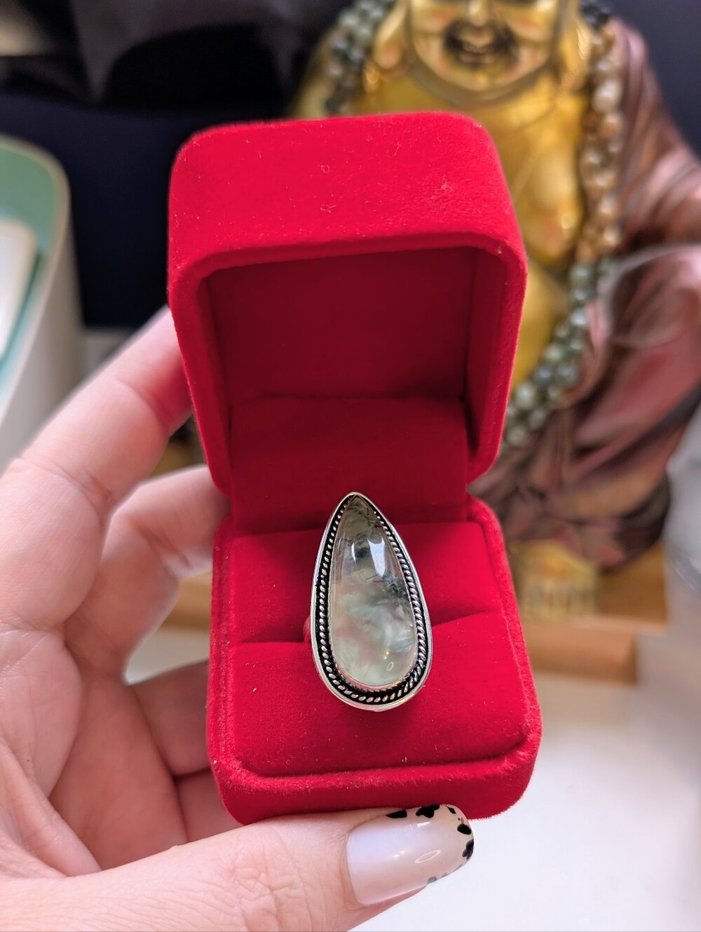 Vintage Handmade Genuine Prehnite Moss Agate Teardrop Set In Sterling Silver